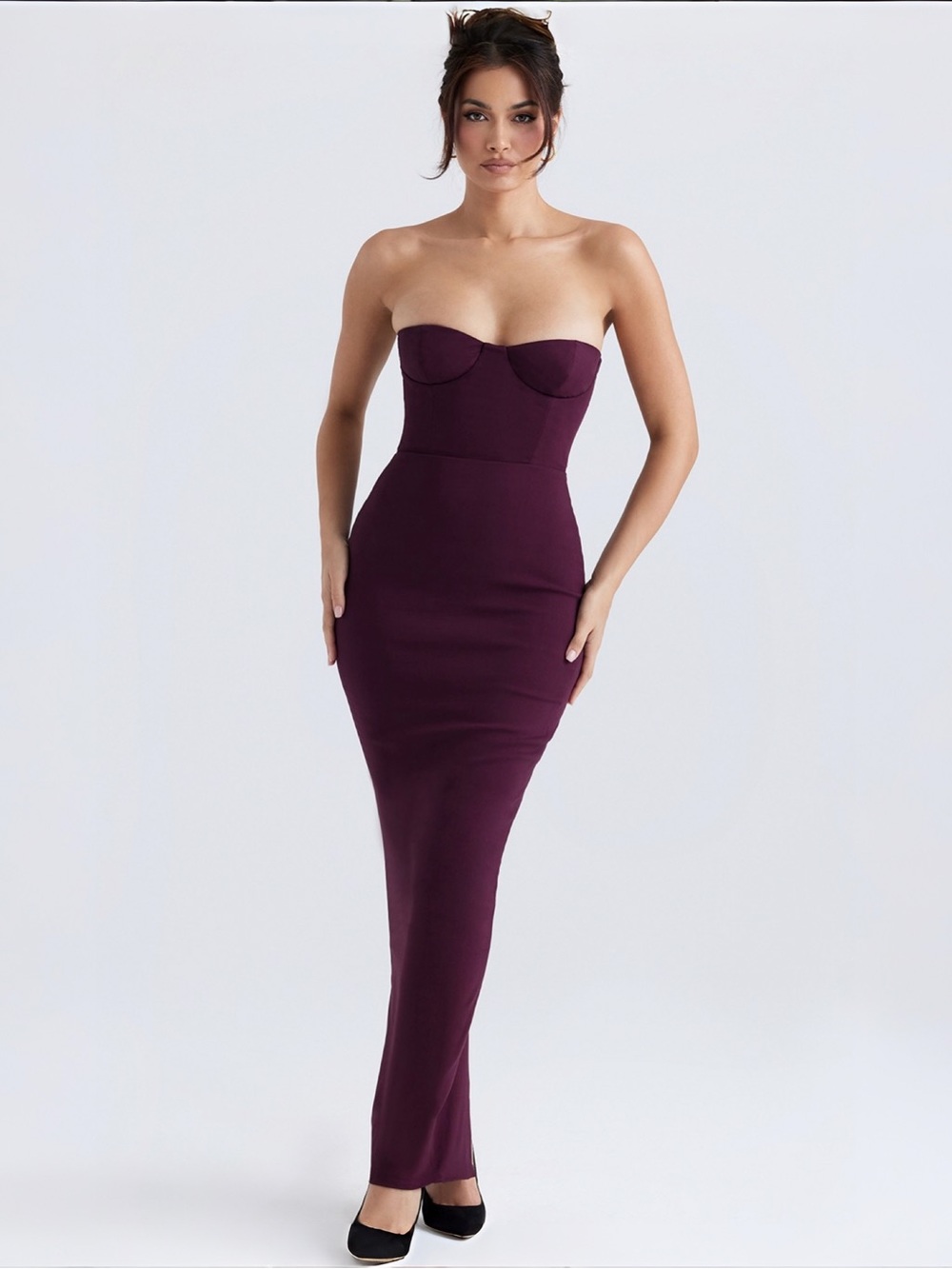 House of CB Strapless Plum Bodycon Maxi Dress Sz S Plus Cup MSRP $285 NEW - Picture 3 of 10